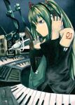  green_eyes green_hair hand_on_headphones hatsune_miku headphones instrument keyboard keyboard_(instrument) microphone recording_studio studio_microphone twintails vocaloid 