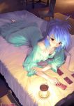  1girl bare_shoulders bed blue_hair brown_eyes card downblouse lamp lingerie lowres lying nightgown on_bed on_side ponytail solo tarot ueda_ryou underwear 