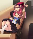  2girls age_difference backpack bag couch fang feet footwear multiple_girls original panties pantyshot piyodera_mucha randoseru school_uniform serafuku skirt slippers socks twintails underwear 