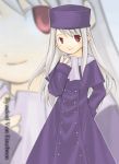  1girl buttons double-breasted dress fate/stay_night fate_(series) foreshortening hand_in_pocket hat illyasviel_von_einzbern line_miyako long_sleeves looking_at_viewer purple_dress purple_hat red_eyes silver_hair solo zoom_layer 