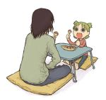  1boy 1girl :d back barefoot brown_hair child clenched_hand eating emoncake. empty_eyes father_and_daughter food green_eyes green_hair holding holding_food koiwai_yotsuba long_sleeves looking_at_another lowres mr_koiwai open_mouth pants pillow quad_tails shirt simple_background sitting smile soles t-shirt table white_background yotsubato! 