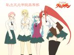  4girls blonde_hair blue_eyes blue_hair cigarette cybela_kuto glasses leite_jokin long_hair multiple_girls nia_teppelin niwatori_kokezou parody pink_hair redhead school_uniform serafuku smoking tengen_toppa_gurren_lagann thigh-highs yellow_eyes yoko_littner 