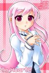  1girl :o blush checkered checkered_background eyebrows eyebrows_visible_through_hair long_hair long_sleeves looking_at_viewer lucy_maria_misora manji_taba open_mouth own_hands_together pink_eyes pink_hair shirt solo to_heart_2 upper_body very_long_hair white_shirt 