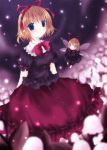  1girl black_shirt blonde_hair blue_eyes blush bubble_skirt crystal doll fairy_wings female flying long_sleeves medicine_melancholy red_skirt shirt short_hair skirt smile solo sparkle standing su-san touhou wings 