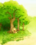  1girl animal_ears blonde_hair forest fox_ears koshou_shichimi nature original scenery sitting sleeping solo tree triangle_mouth 
