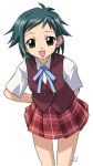  asymmetrical_hair freckles green_hair mahou_sensei_negima! murakami_natsumi plaid plaid_skirt school_uniform serafuku short_hair skirt 