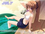  00s 1girl 2004 arm_support barefoot bikini bikini_top blonde_hair breasts brown_hair butt_crack calendar character_request cleavage feet feet_in_water female front-tie_top hair_ribbon july long_hair medium_breasts mouth_hold ninozen one_eye_closed open_fly orange_hair outdoors ponytail pool popsicle ribbon shading_eyes sitting soaking_feet solo source_request sweat swimsuit unzipped very_long_hair violet_eyes wading_pool water wink 
