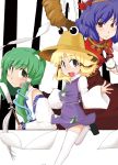  3girls blonde_hair blue_hair dress female frog golden_pe_done green_hair hair_ornament hair_ribbon hat japanese_clothes kochiya_sanae leaf miko moriya_suwako multiple_girls open_mouth red_eyes ribbon rope shimenawa shoes smile thigh-highs touhou white_legwear yasaka_kanako zettai_ryouiki 