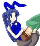  animal_ears asakura_ryouko blue_hair bunnysuit ear_cleaning kyon mimikaki ponytail rabbit_ears suzumiya_haruhi_no_yuuutsu yukimura13 