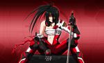  beatmania biker_clothes bikesuit black_hair dj_sakura red_eyes sword torn_clothes weapon 