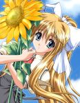  1girl air blonde_hair flower hair_ribbon kamio_misuzu long_hair ribbon school_uniform serafuku solo sunflower 