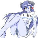  1girl astaroth_(shinrabanshou) black_sclera blue_hair blue_skin clothes_writing cutoffs demon_girl denim denim_shorts horns long_hair manjiro shinrabanshou shirt shorts solo t-shirt tail translation_request yellow_eyes 