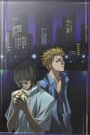  2boys absurdres amano_ginji black_hair blonde_hair brown_eyes cigarette getbackers highres lighter male_focus midou_ban multiple_boys nakajima_atsuko scan sunglasses 