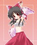 1girl :p akino_ochiba armpits black_hair bow breasts detached_sleeves female hair_bow hakurei_reimu hands holding imperishable_night leaf looking_at_viewer maple_leaf navel no_shirt red_eyes sarashi small_breasts solo tongue tongue_out touhou 