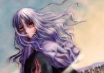  1girl caren_hortensia clouds cloudy_sky day dutch_angle expressionless fate/stay_night fate_(series) floating_hair light_rays long_hair looking_at_viewer outdoors shaded_face silver_hair sky solo sunlight upper_body wind yellow_eyes 