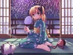  1girl aerial_fireworks barefoot canvas_2 fan fireworks incense japanese_clothes kikyou_kiri kimono light looking_back night paper_fan pig shouji sitting sliding_doors smoke solo tatami twintails uchiwa wallpaper wariza 