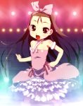 1girl :o armlet armpits bare_shoulders brown_eyes brown_hair chinchickrin collarbone cute_&amp;_girly_(idolmaster) dress fang hair_ribbon idolmaster layered_dress light_rays long_hair looking_at_viewer minase_iori open_mouth pink_dress ribbon solo stage stage_lights very_long_hair 