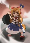  1girl aoi_tobira ball_and_chain bangs black_shoes blush bow chains eyebrows female full_body horns ibuki_suika long_hair looking_at_viewer orange_eyes orange_hair red_bow shirt shoes skirt sleeveless smile socks solo standing touhou very_long_hair white_legwear white_shirt wrist_cuffs 