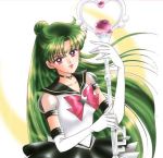  1girl 90s bishoujo_senshi_sailor_moon bow choker crescent_moon earrings elbow_gloves gloves green_hair hair_bun half_updo jewelry leotard long_hair looking_at_viewer lowres magical_girl meiou_setsuna moon polearm pretty_guardian_sailor_moon rod sailor_collar sailor_pluto solo staff super_sailor_pluto_(stars) takeuchi_naoko tiara violet_eyes weapon white_gloves 