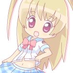  1girl bow chibi gakuen_utopia_manabi_straight! mirai_(sugar) odori_momoha pink_bow plaid plaid_skirt skirt solo tan 