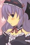  1girl :&lt; aoi_tobira blush breasts cleavage detached_collar frills hairband hanyuu higurashi_no_naku_koro_ni horns lolita_fashion lolita_hairband looking_away maid purple_hair ribbon_trim small_breasts solo violet_eyes 