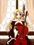  blonde_hair blue_eyes bow butterfly cello choker dress earrings instrument jewelry long_hair ribbon 