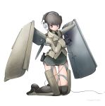  1girl aircraft airplane binoculars brown_hair fi_156 footwear grey_eyes headphones jacket kneehighs mecha_musume military nano original short_hair socks solo world_war_ii 