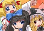  3girls bangs blonde_hair blue_eyes blunt_bangs bow brown_hair face female hair_bow hat hirosato index_finger_raised looking_at_viewer luna_child multiple_girls open_mouth perfect_memento_in_strict_sense red_eyes short_hair smile star_sapphire sunny_milk touhou v wings 