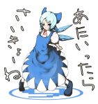  (9) 1girl blue_eyes blue_hair bow cirno dress female hair_bow ice ice_wings laboto looking_at_viewer phantasmagoria_of_flower_view pigeon-toed short_hair smirk smug solo touhou translated wings 