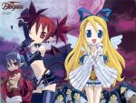  1boy 2girls bracelet disgaea earrings elbow_gloves etna flat_chest flonne gloves jewelry kano_akira laharl makai_senki_disgaea multiple_girls pointy_ears prinny red_shorts ribbon shorts tail thigh-highs twintails wings 