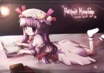  1girl book bow crescent crescent_hair_ornament dollar dress female hair_ornament hat lantern long_hair lying mob_cap moon on_stomach patchouli_knowledge pink_bow purple_hair ribbon socks solo touhou violet_eyes 