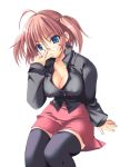  1girl blue_eyes breasts brown_hair cleavage glasses large_breasts miniskirt shirt skirt solo thigh-highs twintails zettai_ryouiki 