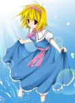  1girl alice_margatroid barefoot blonde_hair blurry bokeh capelet depth_of_field dress female hairband red_eyes short_hair skirt_hold smile solo sunlight takoyaki1116 takoyaki_(takoyaki-batake) touhou wading water 