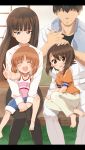  1boy 3girls alknasn barefoot black_hair brown_eyes brown_hair closed_eyes faceless faceless_male family father_and_daughter feet girls_und_panzer highres hime_cut husband_and_wife mother_and_daughter multiple_girls nishizumi_maho nishizumi_miho nishizumi_shiho nishizumi_tsuneo shirt siblings sisters smile v white_shirt younger 