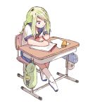  1girl agrias_oaks alternate_costume artist_request bag blonde_hair blue_eyes blush braid character_doll contemporary desk doll female final_fantasy final_fantasy_tactics full_body long_hair notepad ramza_beoulve school_bag school_desk school_uniform serafuku shoes simple_background solo uwabaki 