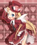  angel_wings blonde_hair blue_eyes blush dress elise_von_dietrich fang gothic_lolita hat hat_tip lolita_fashion long_hair necktie shinozuka_atsuto skirt skirt_lift sky_girls top_hat wings 