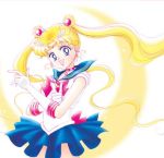  1girl 90s bishoujo_senshi_sailor_moon blonde_hair blue_eyes blue_skirt bow brooch choker crescent crescent_moon double_bun earrings elbow_gloves gloves hair_ornament jewelry leotard long_hair looking_at_viewer lowres magical_girl miniskirt moon official_art open_mouth pleated_skirt pose pretty_guardian_sailor_moon sailor_collar sailor_moon skirt smile solo takeuchi_naoko tiara tsukino_usagi twintails white_gloves 