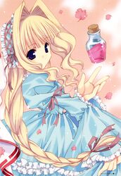  alice_in_wonderland artbook blonde_hair bow braid dress frills hair_bow hairband highres kishou_seireiki nanase_aoi petals potion seven_colors_of_the_wind 