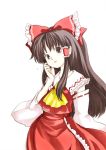  1girl ascot black_eyes black_hair bow detached_sleeves female hair_bow hair_tubes hakurei_reimu hand_on_ear imperishable_night kiriu long_hair red_bow ribbon-trimmed_sleeves ribbon_trim solo touhou 