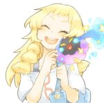  1girl :d alternate_costume blonde_hair blush braid closed_eyes cosmog lillie_(pokemon) long_hair open_mouth pokemon pokemon_(creature) pokemon_(game) pokemon_sm simple_background smile solo twin_braids upper_body white_background ziro_(daydozen) 