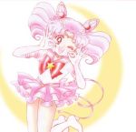  1girl 90s bishoujo_senshi_sailor_moon boots bow chibi_usa choker crescent_moon double_bun elbow_gloves gloves hair_ornament jumping knee_boots leotard looking_at_viewer lowres magical_girl miniskirt moon official_art one_eye_closed open_mouth pink pink_hair pleated_skirt pretty_guardian_sailor_moon red_eyes ribbon sailor_chibi_moon sailor_collar short_twintails skirt smile solo super_sailor_chibi_moon_(stars) takeuchi_naoko tiara twintails white_gloves wink 
