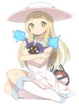  &gt;:t 1girl :t bag bangs bare_arms blonde_hair blue_shoes blunt_bangs blush braid closed_mouth cosmog crossed_arms dress green_eyes handbag hat highres lillie_(pokemon) long_hair looking_at_viewer niizuka_(c-drop) pokemon pokemon_(game) pokemon_sm shoes simple_background sitting sleeveless sleeveless_dress solo sun_hat white_background white_dress white_hat 