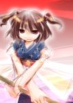  1girl belt breasts brown_hair female fingers hair_ornament japanese_clothes kimono large_breasts line_miyako looking_at_viewer onozuka_komachi plait red_background red_eyes rod sketch smile solo touhou 