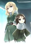  2girls :&lt; belt black_hair blonde_hair blue_eyes fur_trim girls_und_panzer green_jacket highres jacket katyusha multiple_girls nonna role_reversal snow sweatdrop tukiyofree 