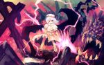  1girl bat_wings cross energy female hand_on_hip highres monster remilia_scarlet solo spear_the_gungnir standing teeth tokiame tongue tongue_out touhou wings 