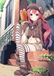  1girl bag belly_peek boots bread brown_eyes food hat kurimu_(yappen) long_hair long_sleeves looking_at_viewer midriff navel original paper_bag plant potted_plant redhead revision shorts sitting sitting_on_stairs smile solo stairs striped striped_legwear thigh-highs yappen 