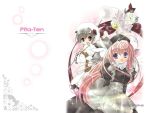  2girls :d apron black_eyes black_hair breasts bunny_hair_ornament copyright_name dress flower frills hair_ornament hat koge_donbo long_hair looking_at_viewer maid_headdress misha misha_(pita_ten) multiple_girls open_mouth pink_background pink_hair pita_ten rose shia shia_(pita_ten) silver_hair simple_background smile sparkle very_long_hair violet_eyes waist_apron wallpaper 