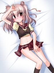  1girl bed brown_eyes brown_hair hair_ribbon komorebi_ni_yureru_tamashii_no_koe kouenji_ayana lying midriff nagami_yuu no_panties ribbon school_uniform solo twintails 