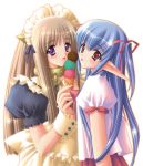  2girls :p absurdres apron bangs blue_hair blush bow bowtie brown_hair buttons carnelian choker collar eating elf fairy_factory fingernails flat_chest food frills frontier hair_ribbon head_tilt highres holding ice_cream long_fingernails long_hair looking_at_viewer looking_back maid maid_apron maid_headdress multiple_girls open_mouth pink_eyes pleated_skirt pointy_ears profile ribbon scan school_uniform seika_(fairy_factory) shiny shiny_hair sidelocks simple_background skirt tongue tongue_out touka_(fairy_factory) twintails upper_body very_long_hair violet_eyes wrist_cuffs 
