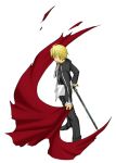  1boy ahoge blonde_hair casual drape durandal faceless faceless_male fate/stay_night fate_(series) gilgamesh hair_over_eyes male_focus smile solo sword weapon 